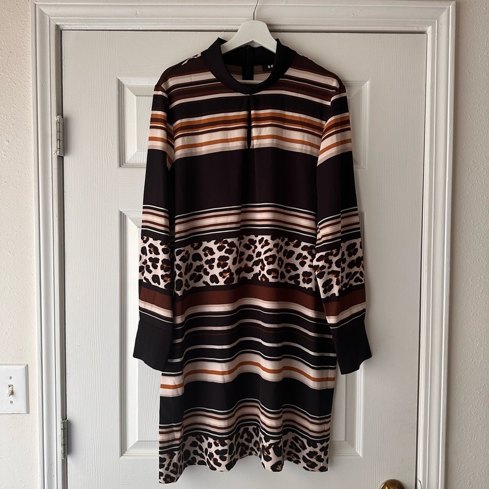 DKNY Black and Brown Long Sleeve Mock Neck Dress Size XL